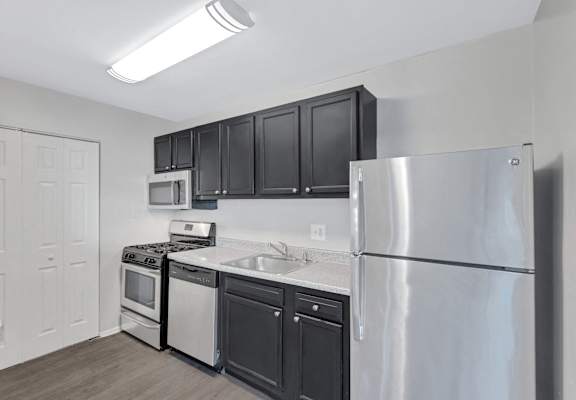 an empty kitchen with stainless steel appliances and black cabinets