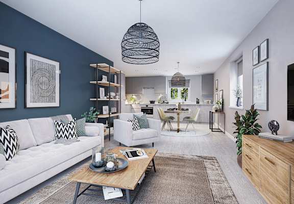 a living room with blue walls and white furniture