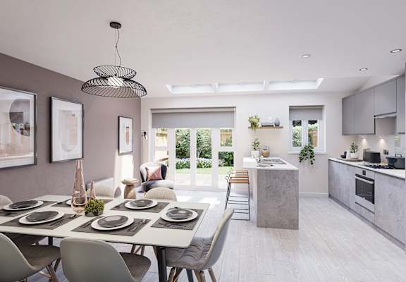 a kitchen and dining area in a 555 waverly unit