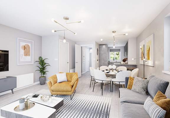 a living room and dining area with grey walls and a yellow and white striped rug