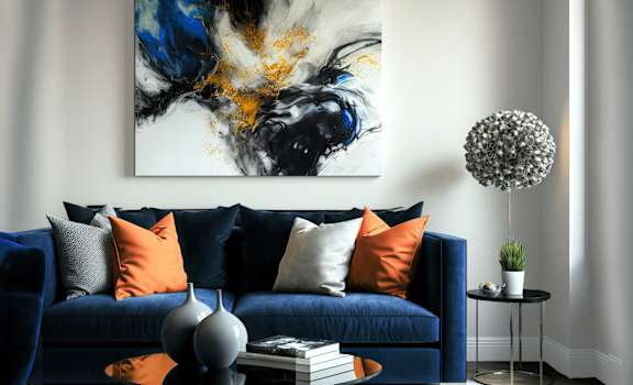 A blue couch with orange pillows and a grey vase on a glass table.