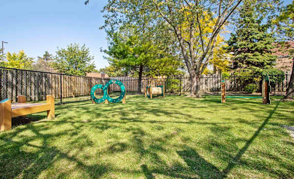A backyard with a green lawn and a fence.