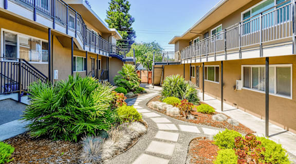 the courtyard of a building with a pathway and plants