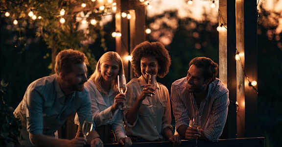 a group of people sitting on a fence drinking wine