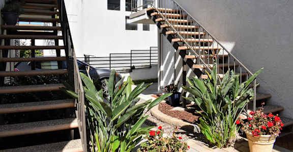 walkway between units with colorful foliage