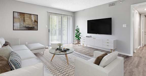 our apartments offer a living room with a couch and a tv