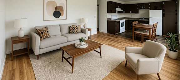 A living room with a couch, chair, and coffee table.