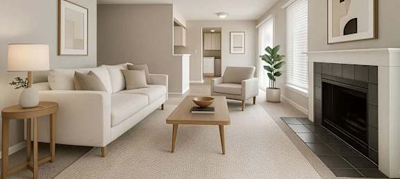 A living room with a white couch, a coffee table, and a fireplace.
