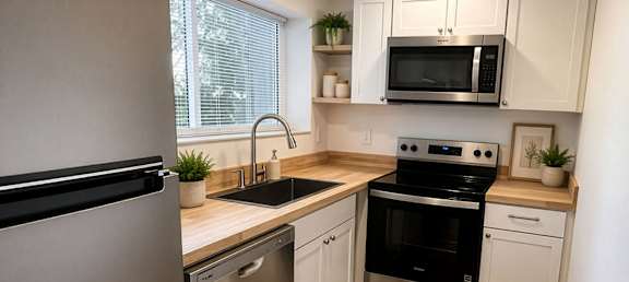 A modern kitchen with stainless steel appliances and white cabinets.