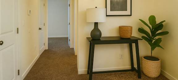 A hallway with a lamp and a plant on a table.