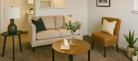 A living room with a couch, chair, and table.