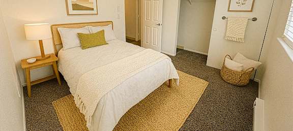 A bedroom with a bed, nightstand, and a basket on the floor.