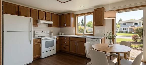 A kitchen with white appliances and wooden cabinets.