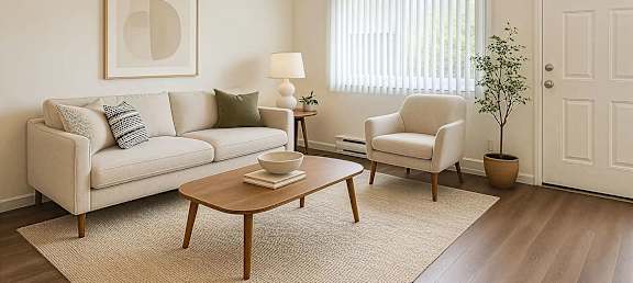 A living room with a couch, chair, and table.