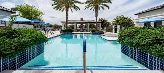 A swimming pool surrounded by palm trees and a blue sky.