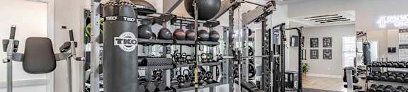 A gym with a punching bag and weights.