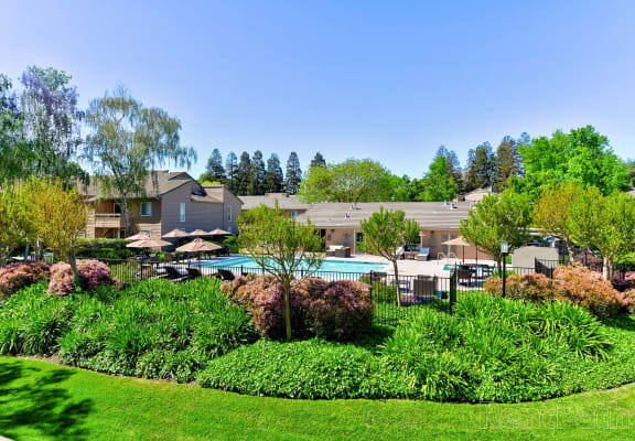 building exterior and pool at The Seasons Apartments in San Ramon, CA