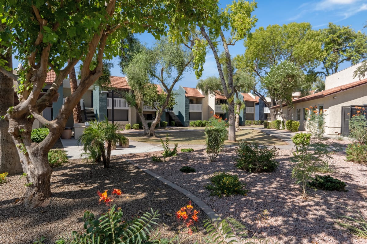 Apartment buildings and courtyard at Oakridge Apartments.