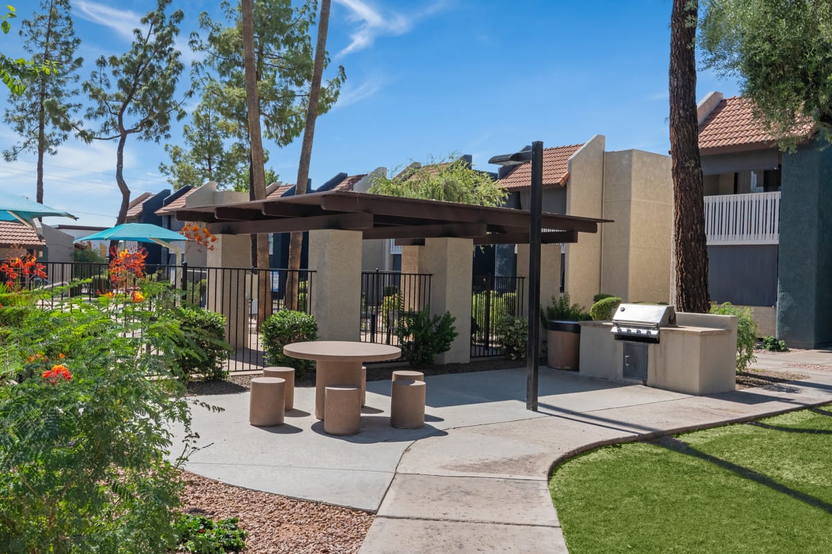 Outdoor dining and barbecue area at Oakridge Apartments.