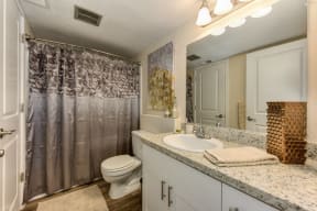 Bathroom with Granite Countertops, Toilet, Silver Shower Curtains, White Cabinets and Vanity