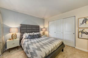 Bedroom with Large Closet, Carpet, Gray Bedframe, and White Bedside Dresser with Lamp