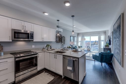 All Lux kitchen and living room spaces include stainless steel appliances, including dishwasher and overhead microwave/exhaust as well as built-in air conditioning
