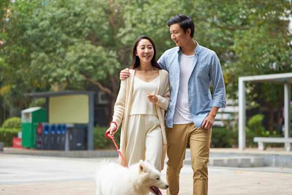 A man and woman walking a white dog in a park at Loree Grand at Union Place Apartments, Washington, DC