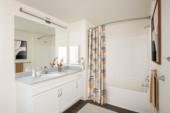 a bathroom with a shower and a sink and a mirror