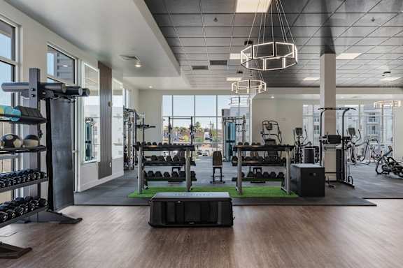 A gym with a variety of equipment including weights, machines, and a green mat. 605 Place Student Housing & Co-Living, St George, 84770