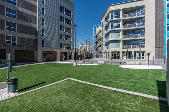 A grassy courtyard is surrounded by two buildings.