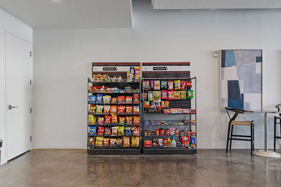 A display of snacks and drinks in a room.