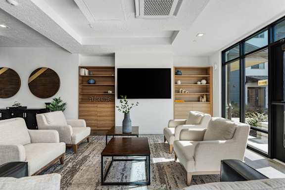 Living Room with White Furniture at The Flats at Riverwoods, Utah, 84604