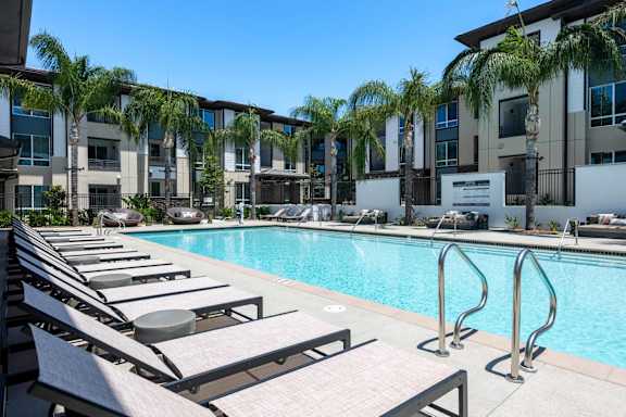 Pool with sun loungers1 at The Overlook Santa Clarita, California