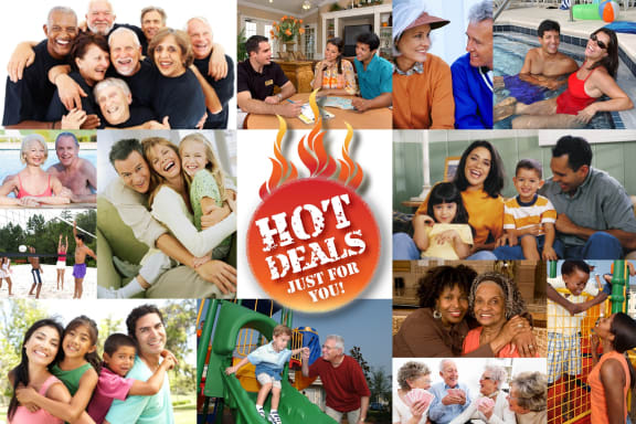 a collage of photos of families with hot deals logo