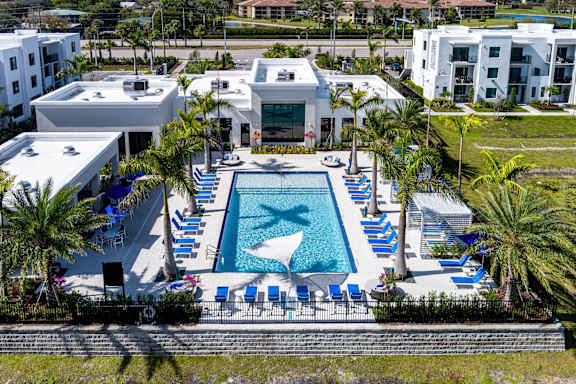 a swimming pool at a resort with palm trees
