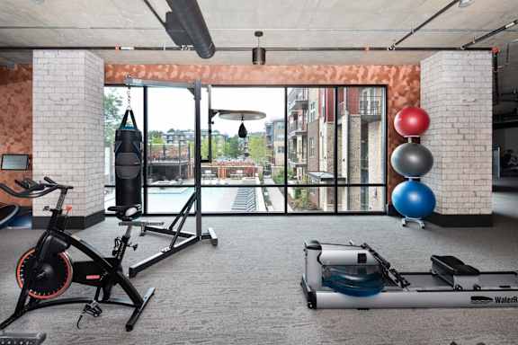 A gym with a rowing machine, a stationary bike, a punching bag, and a set of dumbbells.