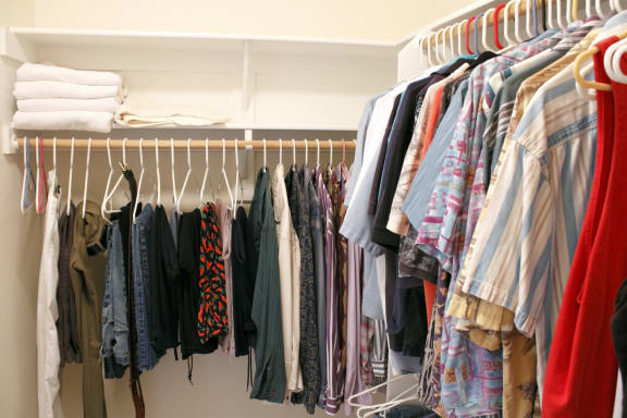 Spacious closet full of clothes