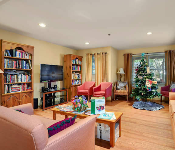 a living room filled with furniture and a christmas tree