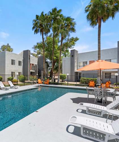A swimming pool surrounded by lounge chairs and umbrellas in a sunny outdoor setting.