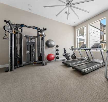 A well-equipped home gym with a variety of exercise machines.