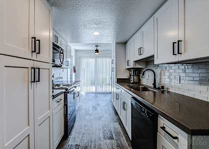 A kitchen with white cabinets and black appliances.