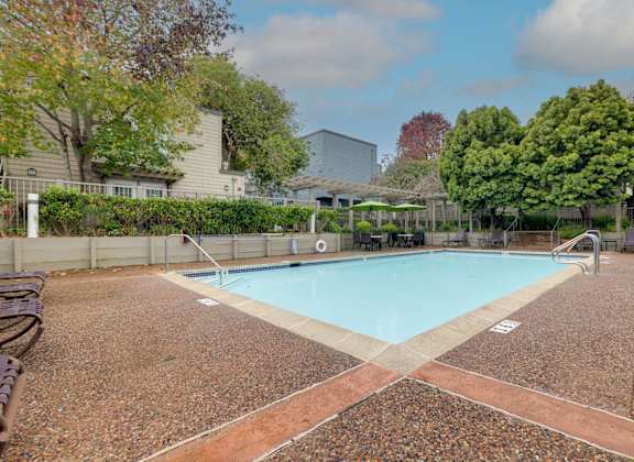 A pool surrounded by trees and a fence.