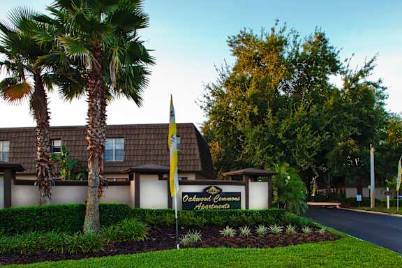A sign for "Oakwood Commons Apartments" is displayed in front of a building with a palm tree to the left.