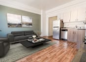 Thumbnail 4 of 8 - A modern living room with a grey sofa and a coffee table.