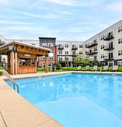 A swimming pool in a residential area with a wooden structure next to it.