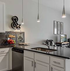 A modern kitchen with a black countertop and stainless steel appliances.