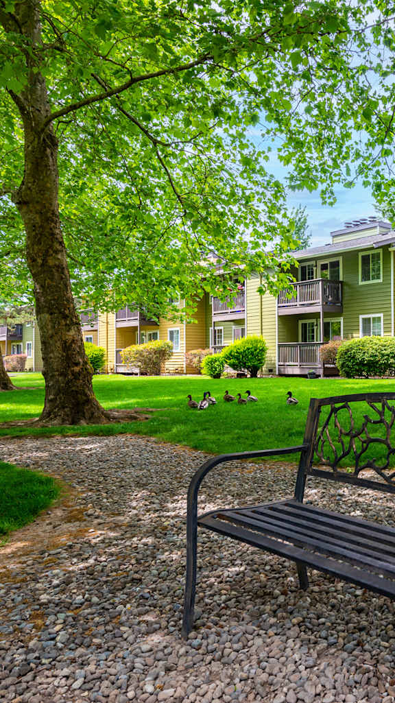 a park bench on a gravel path in front of a yellow apartment building