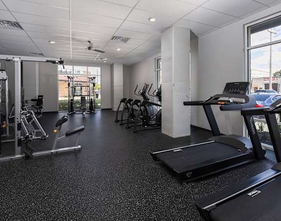 A gym with treadmills, weights, and a fan.