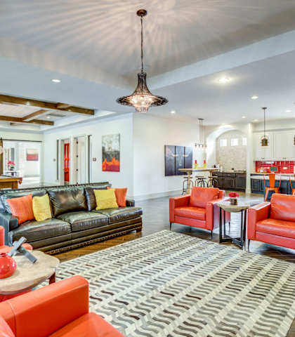 a living room filled with furniture and a large rug