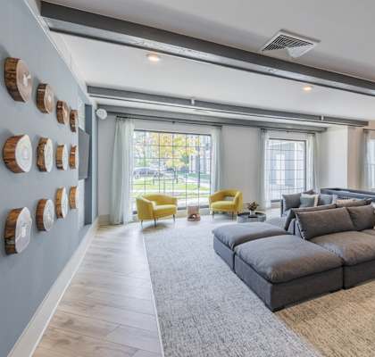A modern living room with a grey sofa and yellow chairs.